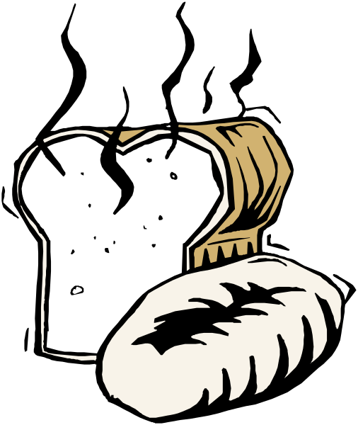 The black and white illustration shows a loaf of bread with two slices missing on top left side, placed next to an open book that has pages showing various types of toast in different styles like plain, buttered, jelly-filled, etc., all depicted as if they are being made from the same slice.