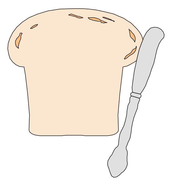 The image shows a cartoon illustration of an uncooked loaf of bread with slices missing on top placed next to a knife handle that is sticking out from behind it in what appears to be a kitchen environment, suggesting preparation for baking or serving.
