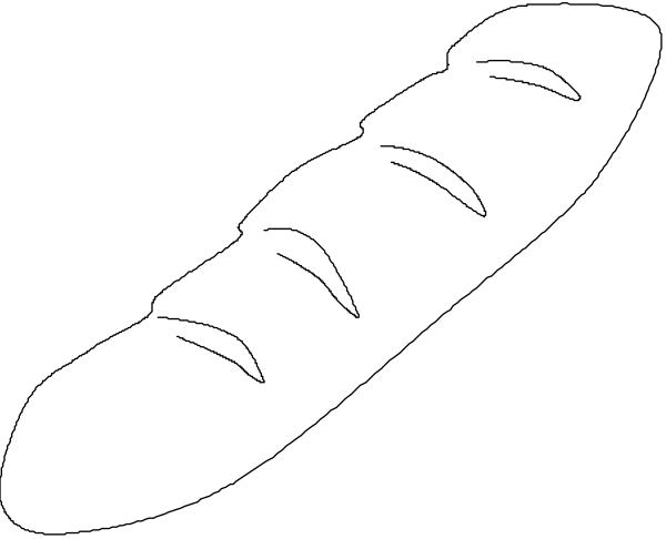 The black and white illustration shows a loaf of bread with two slices missing on top left corner against dark background.