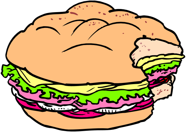 The image shows a cartoon depiction of an overstuffed sandwich with various layers visible on top, including what appears to be lettuce, tomato slices, cheese, meat patties, pickles and condiments such as mustard and ketchup; it is presented in profile view against a black background.