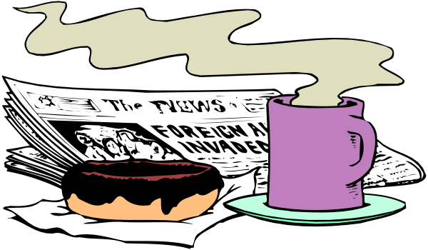 The cartoon shows a newspaper with headlines like "The Times" on it next to two cups of coffee; there's also an open book titled "Financial News."