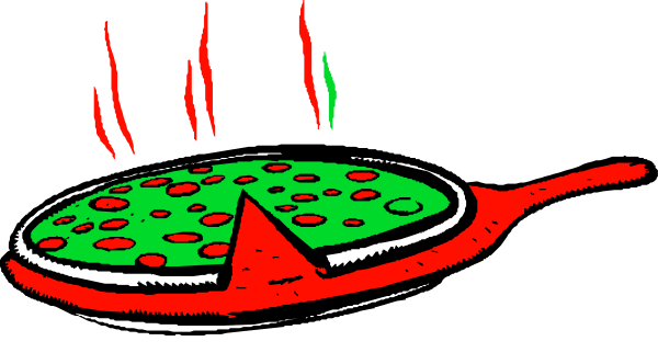 The image shows a cartoon of an open pizza box with two slices on top next to a spatula, set against a black background that resembles nighttime sky; there is no text present in this clip-art illustration.