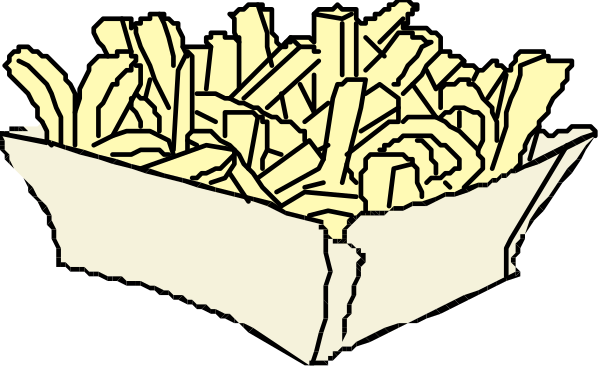 The image shows a cartoon of two boxes filled with French fries on top of each other against a black background.