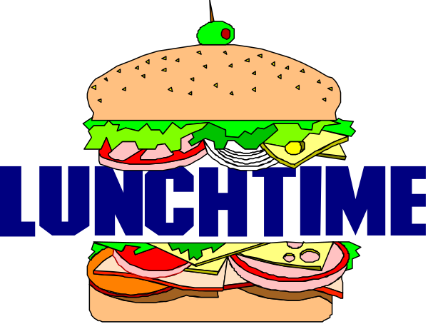 The image shows a cartoon of an open sandwich with various ingredients visible on top, set against a black background; above it is text that reads "LUNCHTIME" in bold white letters.