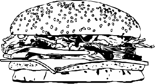 The black and white illustration shows a large hamburger with various toppings on it placed inside an open bun against a dark background.