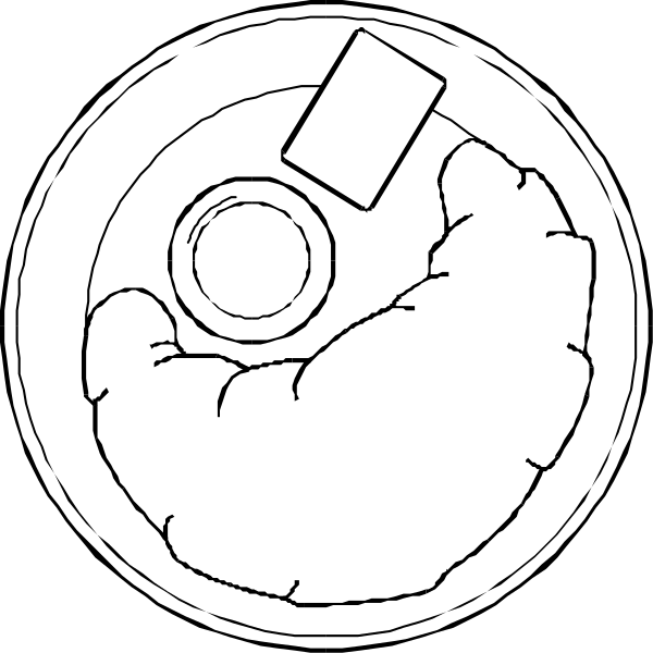 The black and white illustration shows a donut with two holes on top of it placed inside an oval container that has been cut in half to create a lid for another similar container below it.