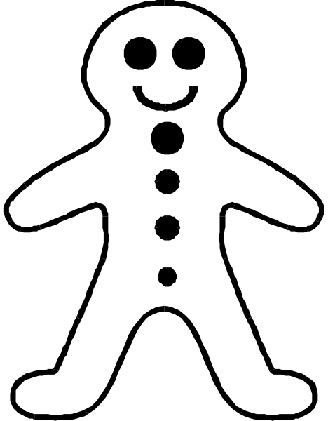 The black and white silhouette of a gingerbread man with eyes closed on an untextured background.