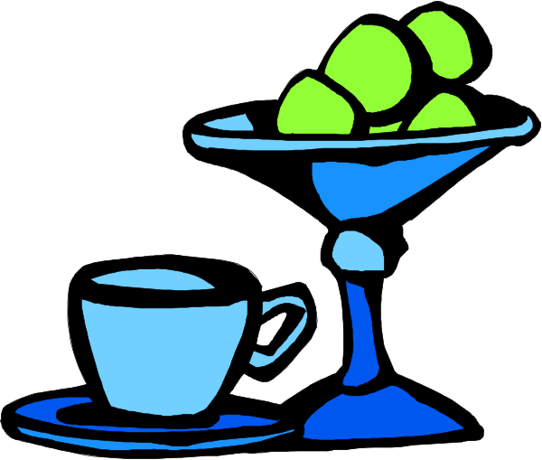The illustration shows a blue martini glass with olives on top of it next to two coffee cups placed side by side; there is also an empty cocktail shaker in front of them all.