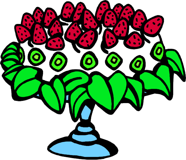 The image shows a vase filled with strawberries on top of leaves, placed next to what appears to be water.