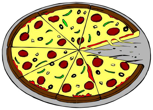 The image shows a slice of pizza with toppings on it next to an empty tray that resembles a pie chart divided into slices, suggesting different types of pizzas; there is also another smaller piece in front of this larger one and two whole pies behind them.