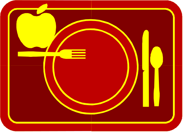 The image shows a red banner with yellow text that reads "EAT" at top left corner; below it is an illustration of dinnerware including plates, forks, knives, spoons, bowls and apples on one side, fork in front of plate next to apple slice.