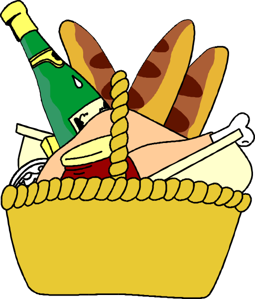 The illustration shows a basket filled with various food items including bread sticks, cheese slices, sausage links, wine bottle, corkscrew, chicken drumstick, toothpicks, mustard container, and ketchup packet; all placed on top of each other in the center of an image.