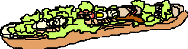 The image shows a long sandwich with various ingredients on it being carried by two hands that appear to be emerging from either end of the bread loaf.