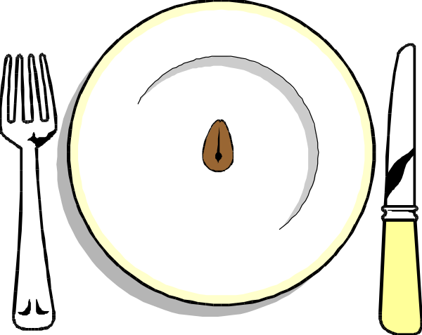 The image shows a cartoon of an empty plate with a fork on it next to a bottle labeled "sauce" in front of what appears to be a white wall.