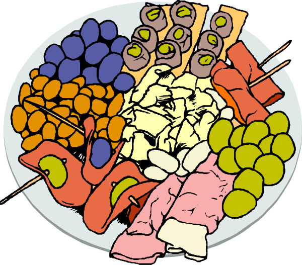 The image shows a plate of assorted food items including meat skewers with vegetables like carrots and broccoli alongside other foods such as cheese slices, olives, breadsticks, pickles, sausages, hot dogs, chicken wings, shrimp cocktail on the half shells.