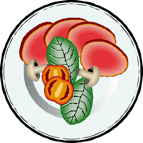 The image shows a plate with slices of red meat on it next to two pieces of green leafy vegetable that resemble lettuce leaves, all set against a black background.