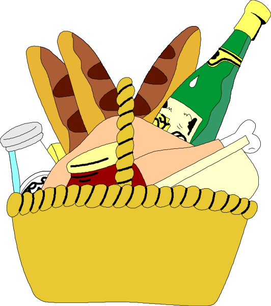 The cartoon depicts a basket filled with various food items such as bread loaves, cheese slices, bottles of wine, condiments in small containers like mustard and ketchup, along with other assorted snacks on top.