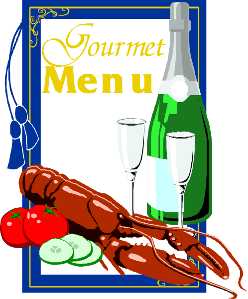 The image shows a menu for "Gourmet Menu" with illustrations of food items such as lobster, wine glasses filled with champagne, tomatoes, cucumbers, crab legs, shrimp, and bottles containing what appears to be alcoholic drinks like beer or soda.