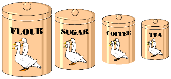 The image shows a row of five canisters with labels such as "flour," "coffee," "tea," "cocoa powder" on them; each is topped by an illustration of a bird, and there's also one labeled "Sugar."