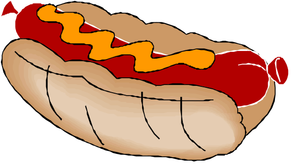 The image shows a cartoon hot dog with mustard on top sitting next to an illustrated bun that has been cut in half lengthwise.