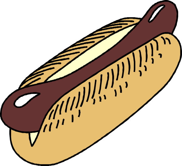 The image shows a cartoon hot dog with mustard on top sitting against a black background.