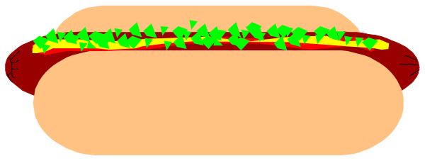The image shows a cartoon hot dog with various toppings inside an elongated bun on top of what appears to be a gray surface.