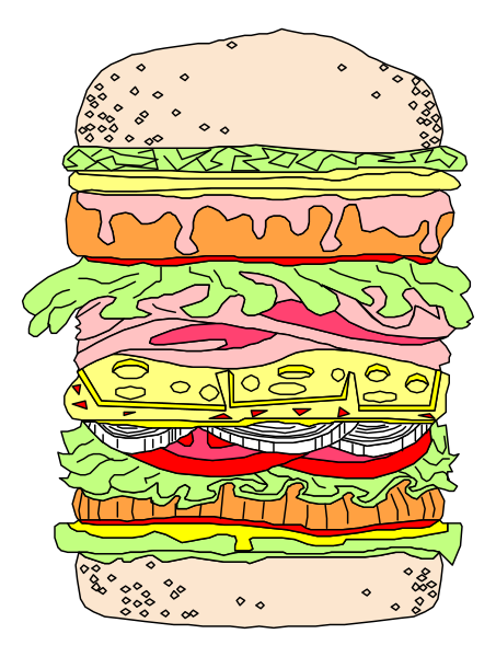 The illustration shows a large sandwich with various layers of ingredients such as lettuce, tomato, cheese, meat, bread, mustard, ketchup, onions, pickles, mayonnaise, and sauerkraut in between two buns; it is presented against a black background.
