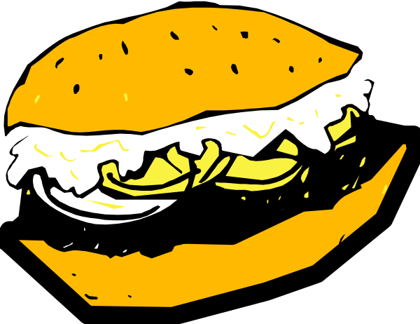The image shows a hamburger with cheese on top of it against an orange background.