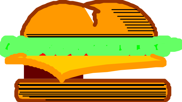 The image shows a cartoon depiction of an open sandwich with visible layers such as bread, lettuce, tomato, cheese, onion rings, pickles, mustard, ketchup, and mayonnaise.
