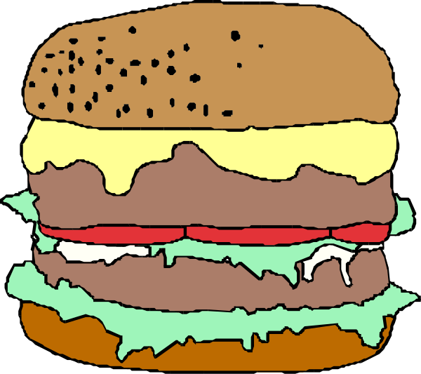 The image shows a cartoon hamburger with various toppings such as lettuce, cheese, tomato slices, onions, pickles, mustard, ketchup, mayonnaise and bacon strips between two sesame seed burger buns against a black background.
