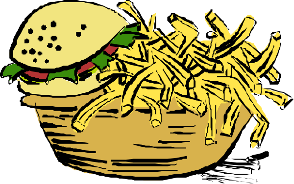The illustration shows a basket of french fries with two sandwiches on top placed next to each other against an unseen background; there is no text present in this image.