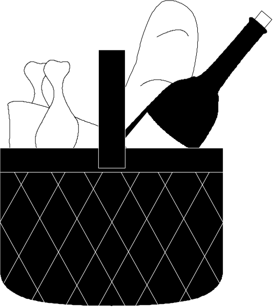 The black and white illustration shows a basket with various items inside it: there is an eggplant on top of some vegetables; below that, two pieces of broccoli flanking what appears to be a carrot in between them; beneath these veggies rests another item which looks like bread or pastry. The background features the silhouette of a person's head and shoulders with their hair styled into an updo hairstyle.