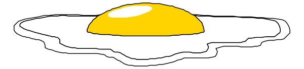 The picture shows a cartoon of an egg with yolk inside sitting on top of another object that is partially visible at its bottom edge; there's no text present in this image.