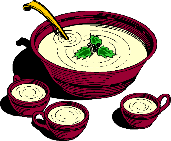 The illustration shows a bowl of soup with ladle on top placed next to three bowls filled with dipping sauce in front of it; there is also an additional small dish containing what appears to be mint leaves, and all dishes have red rims around them against a white background.