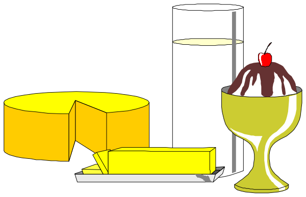 The image shows a cartoon of various food items including cake slices on plates with forks resting beside them, an ice cream cone in front of two cups labeled "ice cream," cheese wedges next to each other and a wine glass filled with red liquid behind it all.