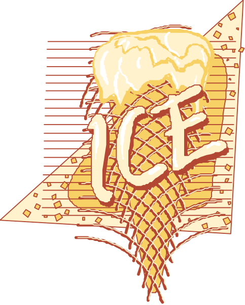 The image shows a cartoon of an ice cream cone with text that reads "ICE" on it, placed next to another piece of paper featuring the word "COOL."