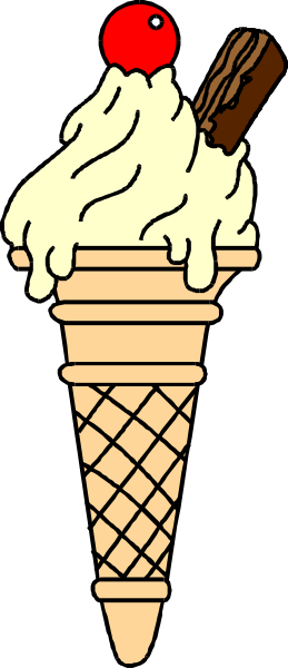 The image shows a cartoon ice cream cone with vanilla soft serve topped by whipped cream and drizzled caramel sauce on top of it; there is an apple slice in front of the cone, which has been bitten into revealing its red core, suggesting someone took a bite out of it.