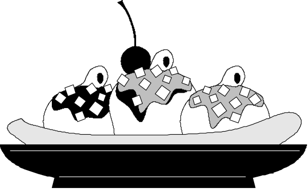 The black and white illustration shows a boat with three cartoonish fish on top of it floating downstream under an overcast sky.