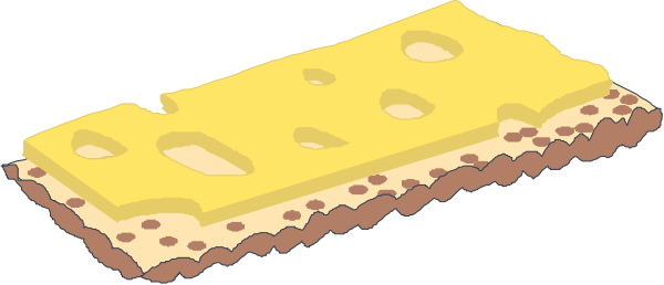 The image shows a slice of pizza with cheese toppings on it next to another piece that is missing its crust.