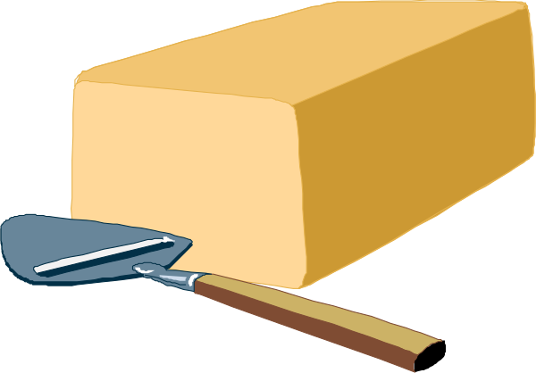 The illustration shows a loaf of bread with butter on top next to an open jar containing more butter and a spatula for spreading it.