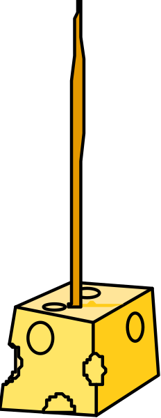 The image shows a slice of cheese on top of an antenna with two poles connected to it against a black background.