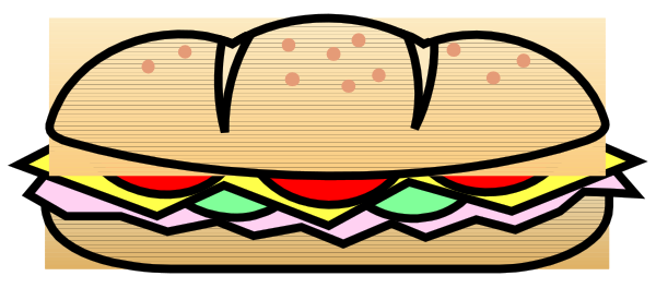 The image shows a cartoon depiction of an oversized submarine sandwich with various toppings on it against a plain background.