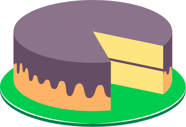 The image shows a slice of cake with purple frosting on top placed next to two whole cakes; there is also an orange-colored pie chart in front of them indicating some sort of data comparison between different types of desserts, possibly representing sales figures or popularity percentages for each type of pastry.