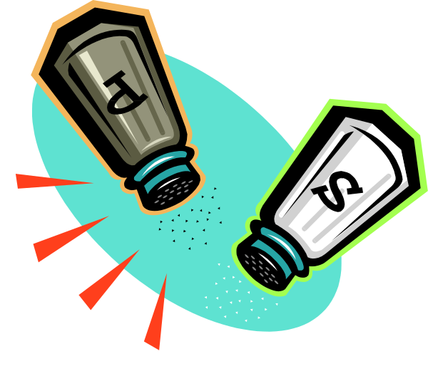 The image shows two salt shakers with a speech bubble between them that contains text; there is an explosion effect around these items on either side of the frame.