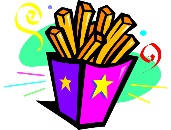 The image shows a colorful cartoon depiction of French fries with stars around them inside an open purple gift box on top of what appears to be a black background.