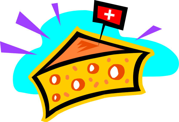 The image shows a slice of pizza with cheese toppings on it next to an icon that resembles Switzerland's flag in purple blue red yellow green white black orange brown gray pink beige tan cream light sky darker sky, all set against a plain background without any additional context or setting.