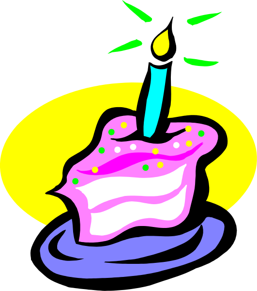 The image shows a colorful birthday cake with candles on it placed inside an oval frame against a yellow background.