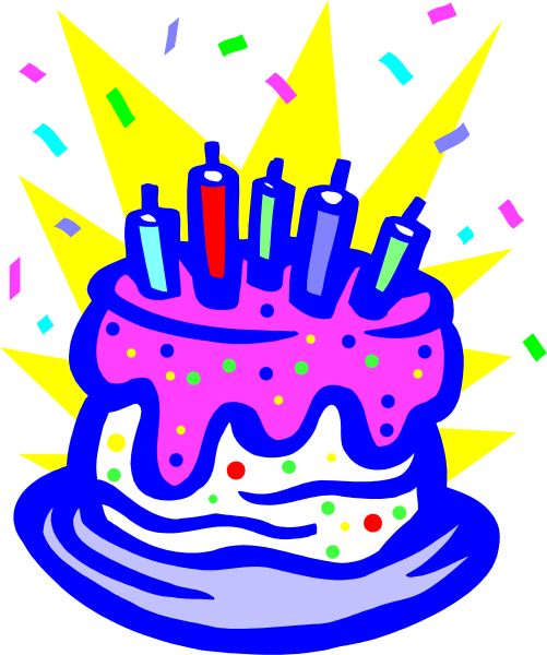 The image shows a colorful birthday cake with candles on top of it against a celebratory background featuring confetti-like shapes in various shades of yellow, pink, blue, green, red, orange, and white; there is also text that reads "Happy Birthday" above the cake.