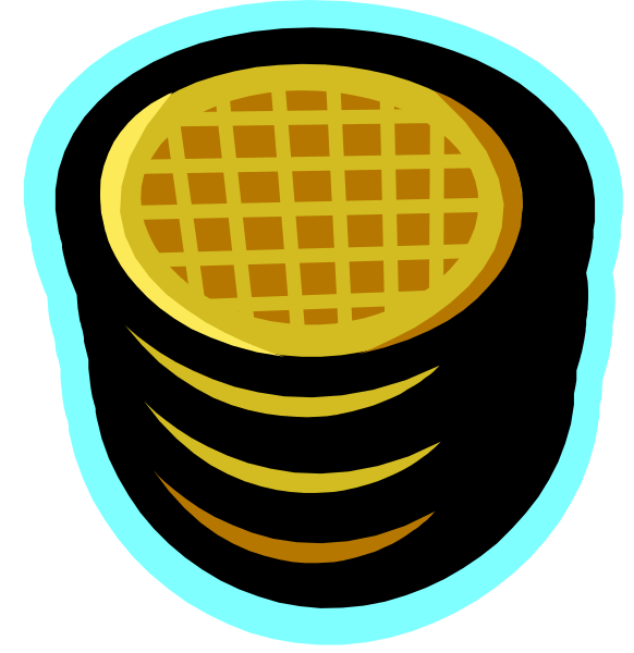 The image shows a waffle iron with three stacks of pancakes on top placed next to each other against a black background.