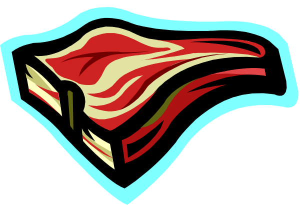 The image shows a stylized graphic of an open book with pages that resemble slices of pizza on top, set against a dark background; there is no text present in this clip-art illustration.
